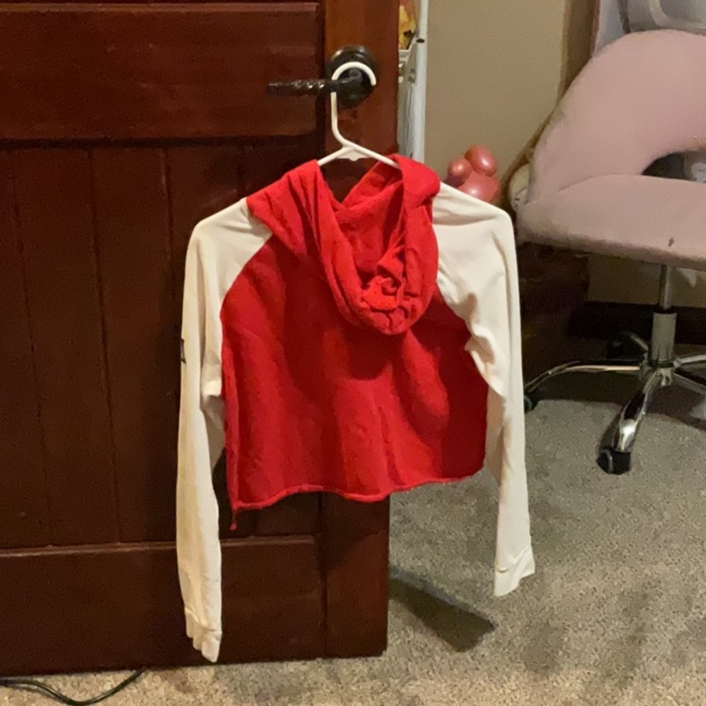 Red and White Hooded Sweatshirt